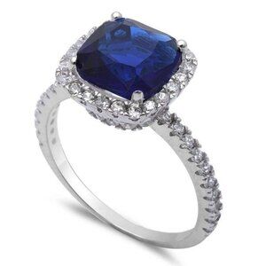 Cushion-Cut Sapphire & White Topaz Halo Ring 3 ct Sz 8 925 SS Elegant Gift
